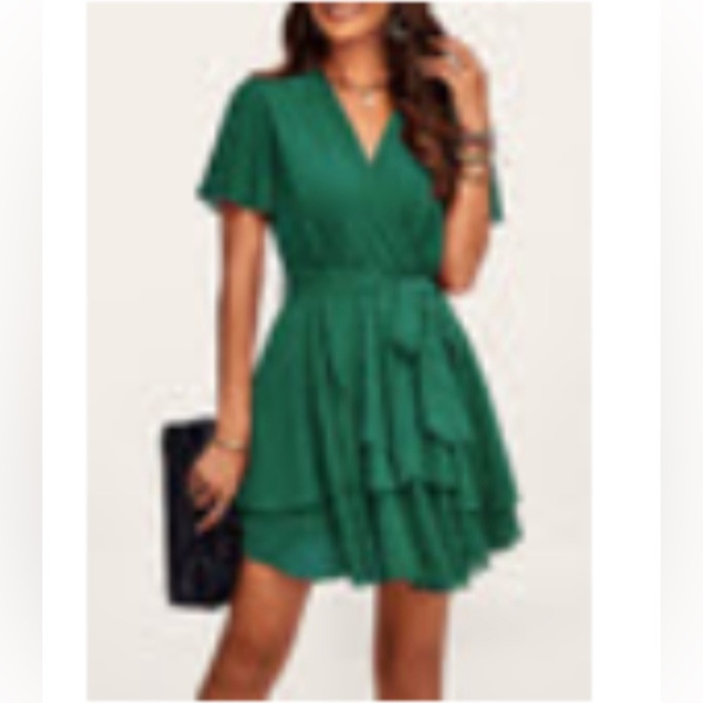 Azazie Downright Darling Dark Emerald Ruffled Short Sleeve Mini Dress